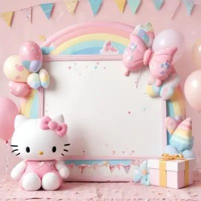 A Cute White Cat With A Pink Bow Holding A Blank Sign Surrounded By Colorful Butterflies Flowers And Pastel Decorations 450 5826