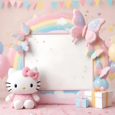 A Cute White Cat With A Pink Bow Holding A Blank Sign Surrounded By Colorful Butterflies Flowers And Pastel Decorations 452 Ae46