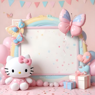A Cute White Cat With A Pink Bow Holding A Blank Sign Surrounded By Colorful Butterflies Flowers And Pastel Decorations 453 D3c8