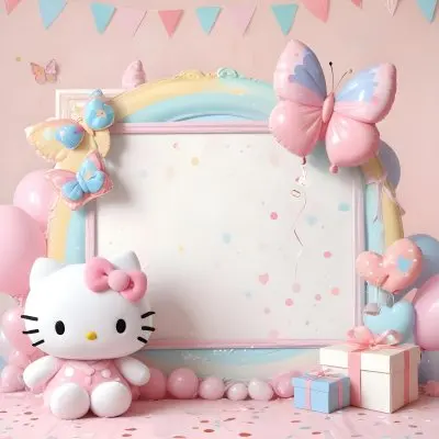 A Cute White Cat With A Pink Bow Holding A Blank Sign Surrounded By Colorful Butterflies Flowers And Pastel Decorations 453 D3c8