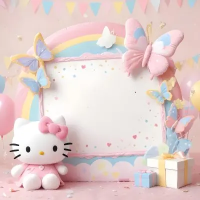 A Cute White Cat With A Pink Bow Holding A Blank Sign Surrounded By Colorful Butterflies Flowers And Pastel Decorations 454 Bb1f