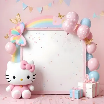 A Cute White Cat With A Pink Bow Holding A Blank Sign Surrounded By Colorful Butterflies Flowers And Pastel Decorations 456 71a2