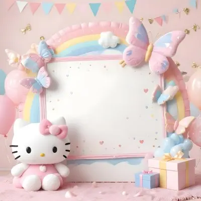 A Cute White Cat With A Pink Bow Holding A Blank Sign Surrounded By Colorful Butterflies Flowers And Pastel Decorations 457 1b6c