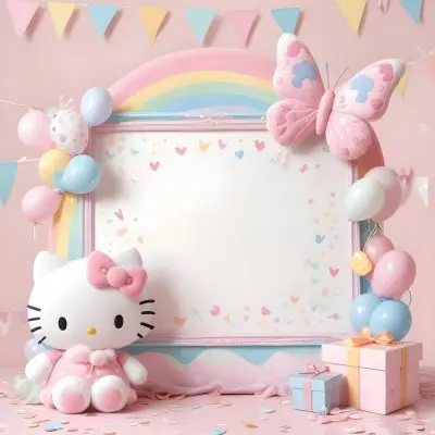 A Cute White Cat With A Pink Bow Holding A Blank Sign Surrounded By Colorful Butterflies Flowers And Pastel Decorations 459 5272