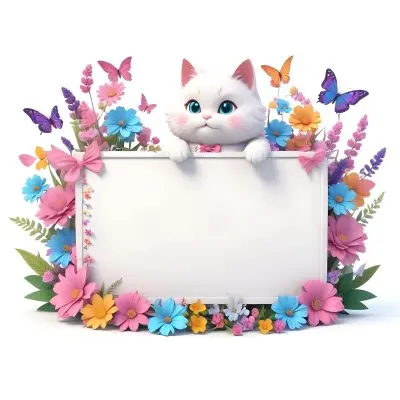A Cute White Cat With A Pink Bow Holding A Blank Sign Surrounded By Colorful Butterflies Flowers And Pastel Decorations 46 Ba8d