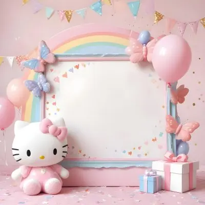 A Cute White Cat With A Pink Bow Holding A Blank Sign Surrounded By Colorful Butterflies Flowers And Pastel Decorations 461 2d93