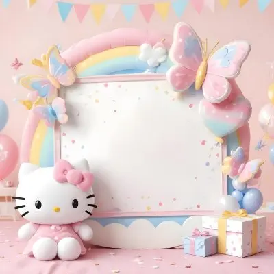 A Cute White Cat With A Pink Bow Holding A Blank Sign Surrounded By Colorful Butterflies Flowers And Pastel Decorations 462 3f16