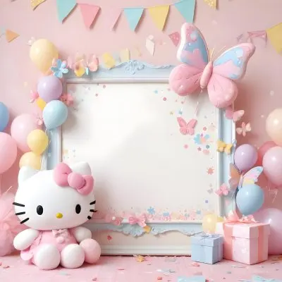 A Cute White Cat With A Pink Bow Holding A Blank Sign Surrounded By Colorful Butterflies Flowers And Pastel Decorations 463 Ac78