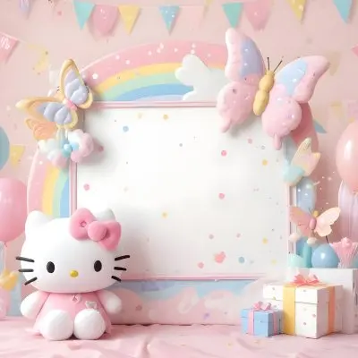 A Cute White Cat With A Pink Bow Holding A Blank Sign Surrounded By Colorful Butterflies Flowers And Pastel Decorations 464 7856