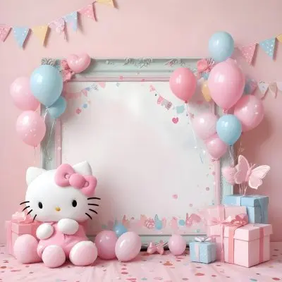 A Cute White Cat With A Pink Bow Holding A Blank Sign Surrounded By Colorful Butterflies Flowers And Pastel Decorations 466 Ad81