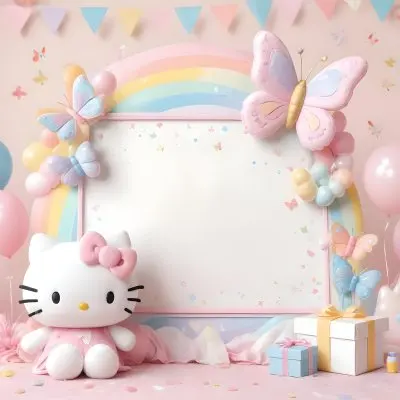 A Cute White Cat With A Pink Bow Holding A Blank Sign Surrounded By Colorful Butterflies Flowers And Pastel Decorations 467 E324
