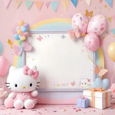 A Cute White Cat With A Pink Bow Holding A Blank Sign Surrounded By Colorful Butterflies Flowers And Pastel Decorations 468 95bd