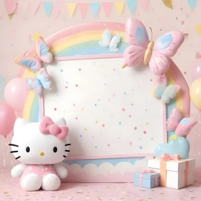 A Cute White Cat With A Pink Bow Holding A Blank Sign Surrounded By Colorful Butterflies Flowers And Pastel Decorations 469 5b0b