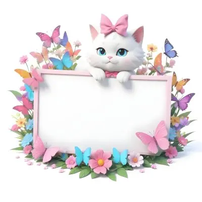 A Cute White Cat With A Pink Bow Holding A Blank Sign Surrounded By Colorful Butterflies Flowers And Pastel Decorations 47 A3ae