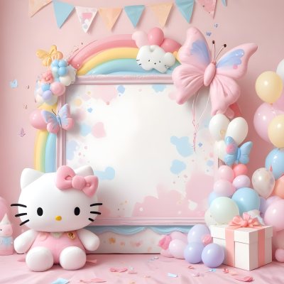 A Cute White Cat With A Pink Bow Holding A Blank Sign Surrounded By Colorful Butterflies Flowers And Pastel Decorations 470 Bca8