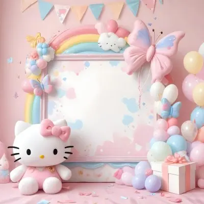 A Cute White Cat With A Pink Bow Holding A Blank Sign Surrounded By Colorful Butterflies Flowers And Pastel Decorations 470 Bca8