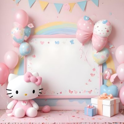 A Cute White Cat With A Pink Bow Holding A Blank Sign Surrounded By Colorful Butterflies Flowers And Pastel Decorations 471 A841
