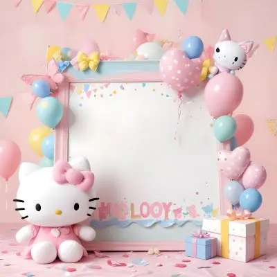 A Cute White Cat With A Pink Bow Holding A Blank Sign Surrounded By Colorful Butterflies Flowers And Pastel Decorations 473 5a91