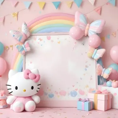 A Cute White Cat With A Pink Bow Holding A Blank Sign Surrounded By Colorful Butterflies Flowers And Pastel Decorations 474 4308