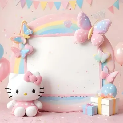 A Cute White Cat With A Pink Bow Holding A Blank Sign Surrounded By Colorful Butterflies Flowers And Pastel Decorations 476 9add