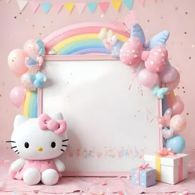 A Cute White Cat With A Pink Bow Holding A Blank Sign Surrounded By Colorful Butterflies Flowers And Pastel Decorations 477 Cae8