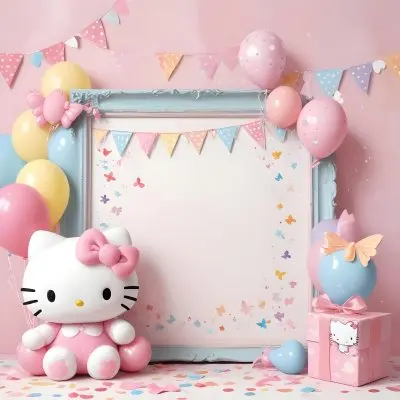 A Cute White Cat With A Pink Bow Holding A Blank Sign Surrounded By Colorful Butterflies Flowers And Pastel Decorations 478 C0ea