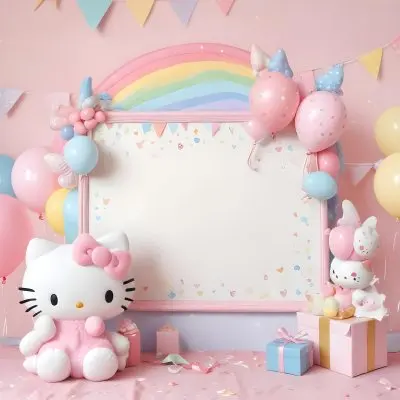 A Cute White Cat With A Pink Bow Holding A Blank Sign Surrounded By Colorful Butterflies Flowers And Pastel Decorations 479 838e