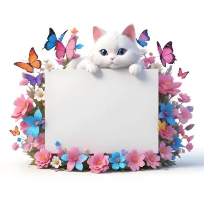 A Cute White Cat With A Pink Bow Holding A Blank Sign Surrounded By Colorful Butterflies Flowers And Pastel Decorations 48 7acb