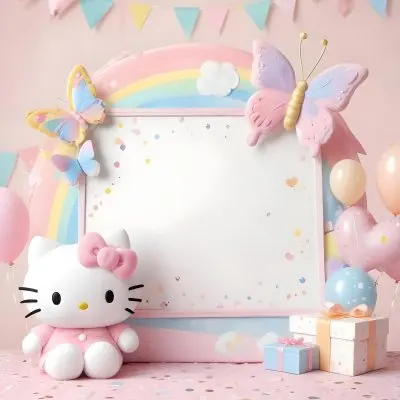 A Cute White Cat With A Pink Bow Holding A Blank Sign Surrounded By Colorful Butterflies Flowers And Pastel Decorations 480 8c25