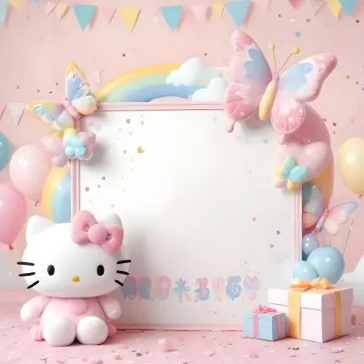 A Cute White Cat With A Pink Bow Holding A Blank Sign Surrounded By Colorful Butterflies Flowers And Pastel Decorations 481 25dc