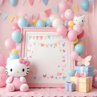A Cute White Cat With A Pink Bow Holding A Blank Sign Surrounded By Colorful Butterflies Flowers And Pastel Decorations 482 F4ff