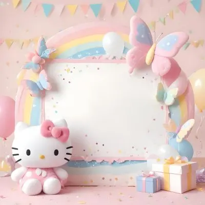 A Cute White Cat With A Pink Bow Holding A Blank Sign Surrounded By Colorful Butterflies Flowers And Pastel Decorations 483 0c9e