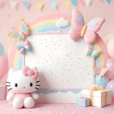 A Cute White Cat With A Pink Bow Holding A Blank Sign Surrounded By Colorful Butterflies Flowers And Pastel Decorations 484 8091