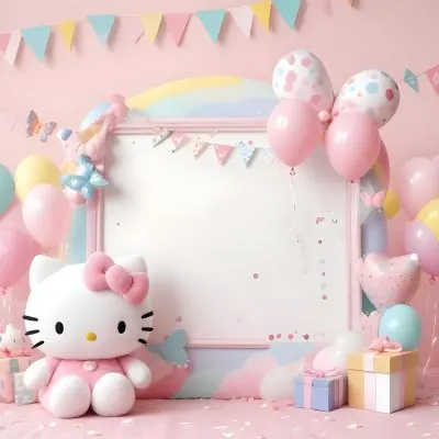 A Cute White Cat With A Pink Bow Holding A Blank Sign Surrounded By Colorful Butterflies Flowers And Pastel Decorations 485 3be4
