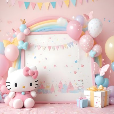 A Cute White Cat With A Pink Bow Holding A Blank Sign Surrounded By Colorful Butterflies Flowers And Pastel Decorations 486 56c3