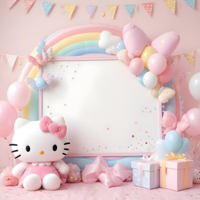 A Cute White Cat With A Pink Bow Holding A Blank Sign Surrounded By Colorful Butterflies Flowers And Pastel Decorations 487 82b0