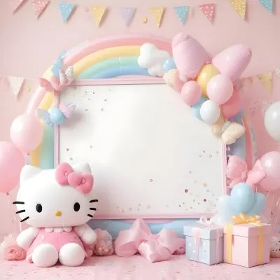 A Cute White Cat With A Pink Bow Holding A Blank Sign Surrounded By Colorful Butterflies Flowers And Pastel Decorations 487 82b0