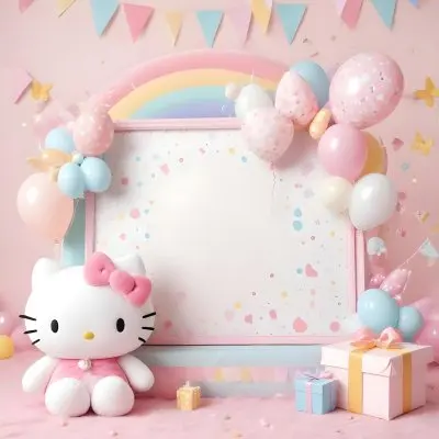 A Cute White Cat With A Pink Bow Holding A Blank Sign Surrounded By Colorful Butterflies Flowers And Pastel Decorations 488 Fd6d