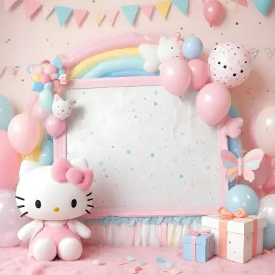 A Cute White Cat With A Pink Bow Holding A Blank Sign Surrounded By Colorful Butterflies Flowers And Pastel Decorations 489 1d5f