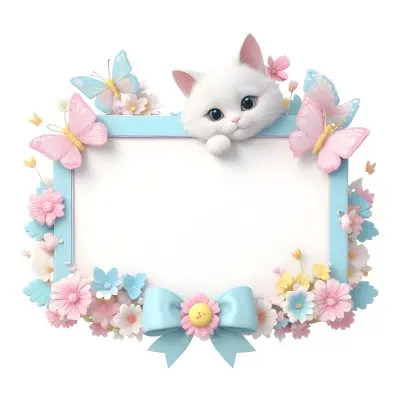 A Cute White Cat With A Pink Bow Holding A Blank Sign Surrounded By Colorful Butterflies Flowers And Pastel Decorations 49 0af0