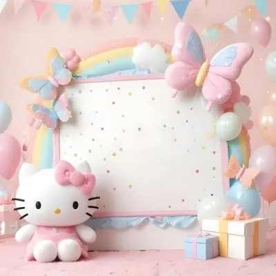 A Cute White Cat With A Pink Bow Holding A Blank Sign Surrounded By Colorful Butterflies Flowers And Pastel Decorations 490 38d0