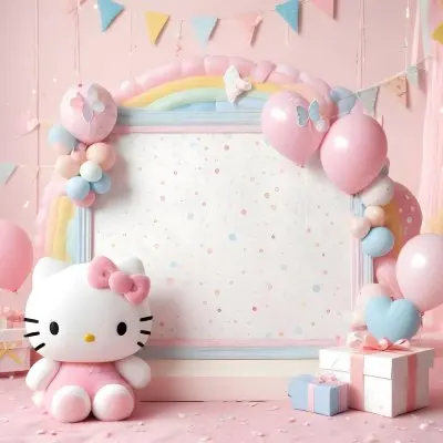A Cute White Cat With A Pink Bow Holding A Blank Sign Surrounded By Colorful Butterflies Flowers And Pastel Decorations 491 7b2b