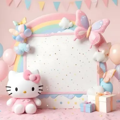 A Cute White Cat With A Pink Bow Holding A Blank Sign Surrounded By Colorful Butterflies Flowers And Pastel Decorations 493 6296