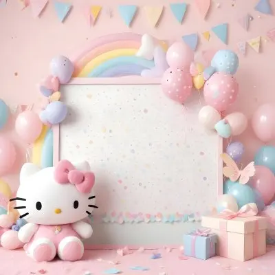 A Cute White Cat With A Pink Bow Holding A Blank Sign Surrounded By Colorful Butterflies Flowers And Pastel Decorations 494 C774