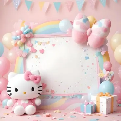 A Cute White Cat With A Pink Bow Holding A Blank Sign Surrounded By Colorful Butterflies Flowers And Pastel Decorations 495 3dc3