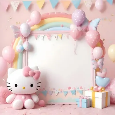 A Cute White Cat With A Pink Bow Holding A Blank Sign Surrounded By Colorful Butterflies Flowers And Pastel Decorations 496 9924