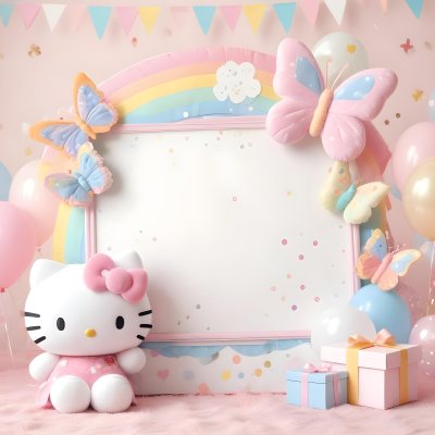 A Cute White Cat With A Pink Bow Holding A Blank Sign Surrounded By Colorful Butterflies Flowers And Pastel Decorations 497 7b2c