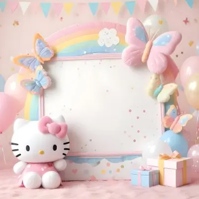 A Cute White Cat With A Pink Bow Holding A Blank Sign Surrounded By Colorful Butterflies Flowers And Pastel Decorations 497 7b2c