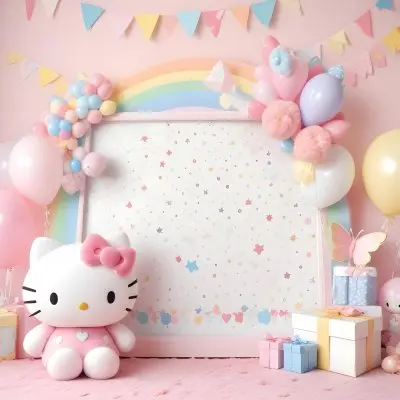 A Cute White Cat With A Pink Bow Holding A Blank Sign Surrounded By Colorful Butterflies Flowers And Pastel Decorations 498 6de1