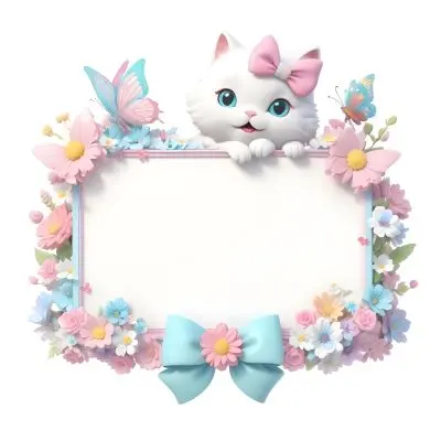 A Cute White Cat With A Pink Bow Holding A Blank Sign Surrounded By Colorful Butterflies Flowers And Pastel Decorations 50 2aef